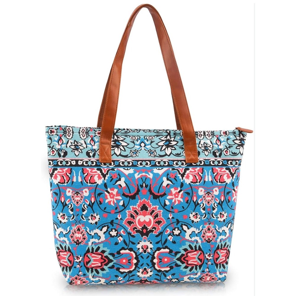Bohemian Floral Damask Tote Bag Large Blue Floral Canvas Water Resistant Handbag